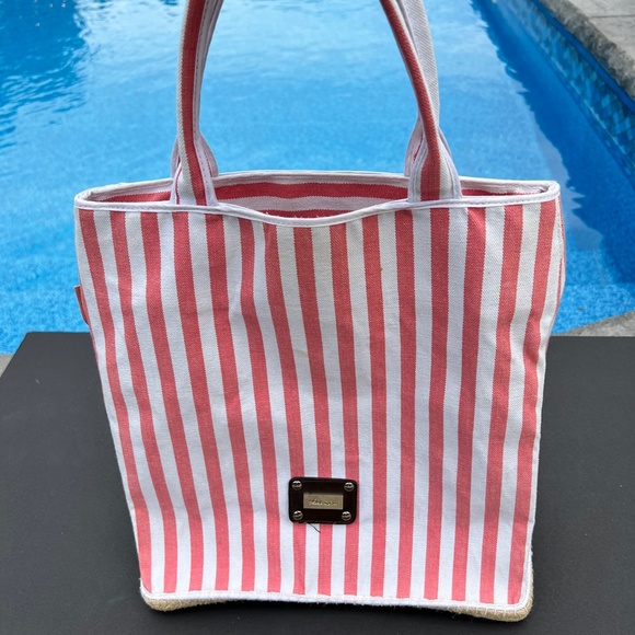 Saldarini Handbags - Saldarini 1882 Striped Cotton Tote Bucket Beach Bag Pink White